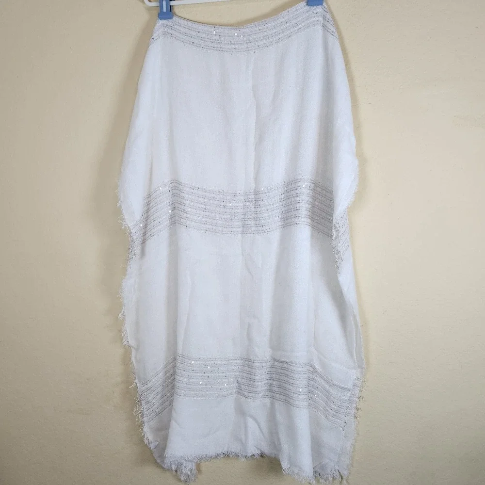 Unbranded‎ Large Soft White Shawl Wrap Scarf cheese cloth Fringe sequins sparkle